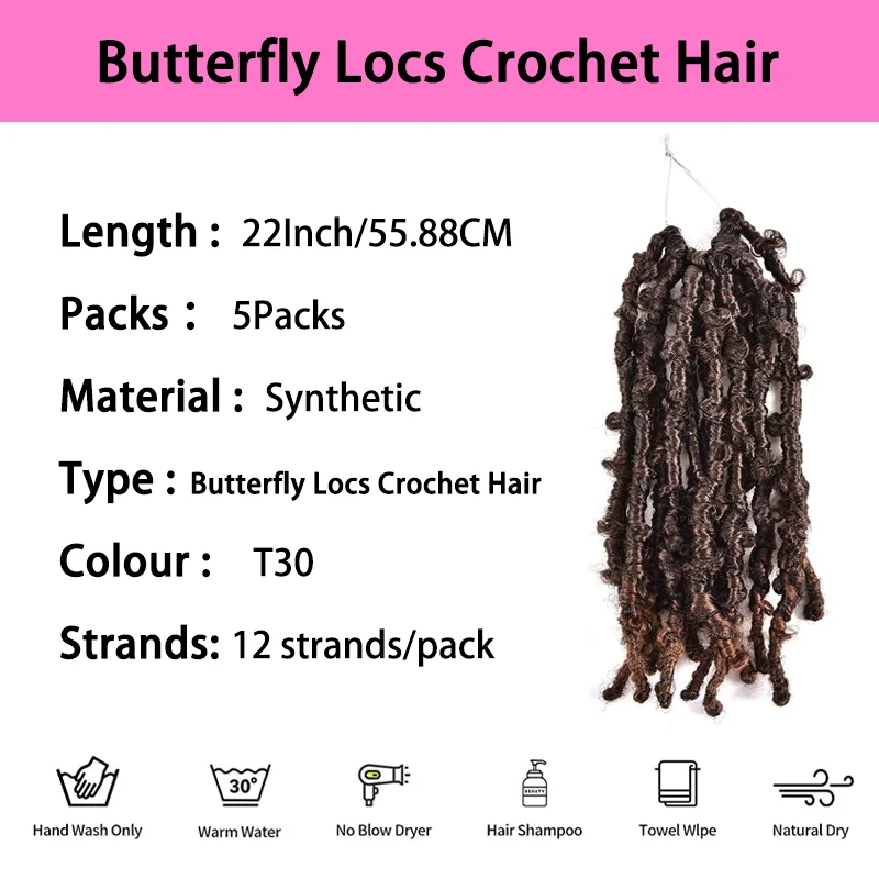 5 paczek syntetycznych włosów do szydełkowania Butterfly Locs, 18/22 cale, wstępnie zapętlone, kolor T30, postarzane warkocze szydełkowe Locs