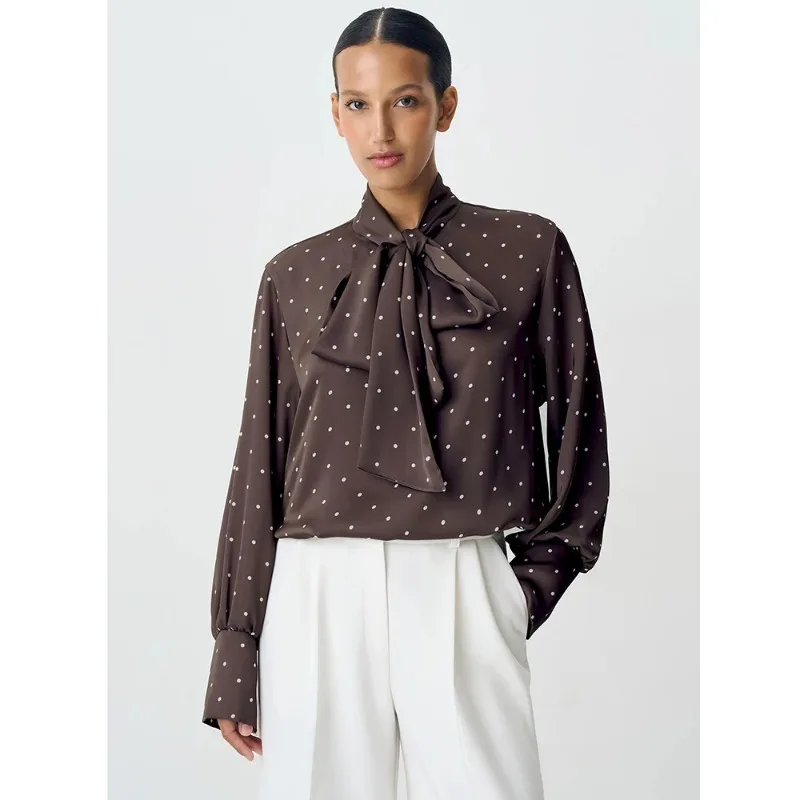 

Футболка-топ в горошек с шарфом для женщин, элегантная модная лоскутная футболка с длинным рукавом, уличная одежда, женские наряды