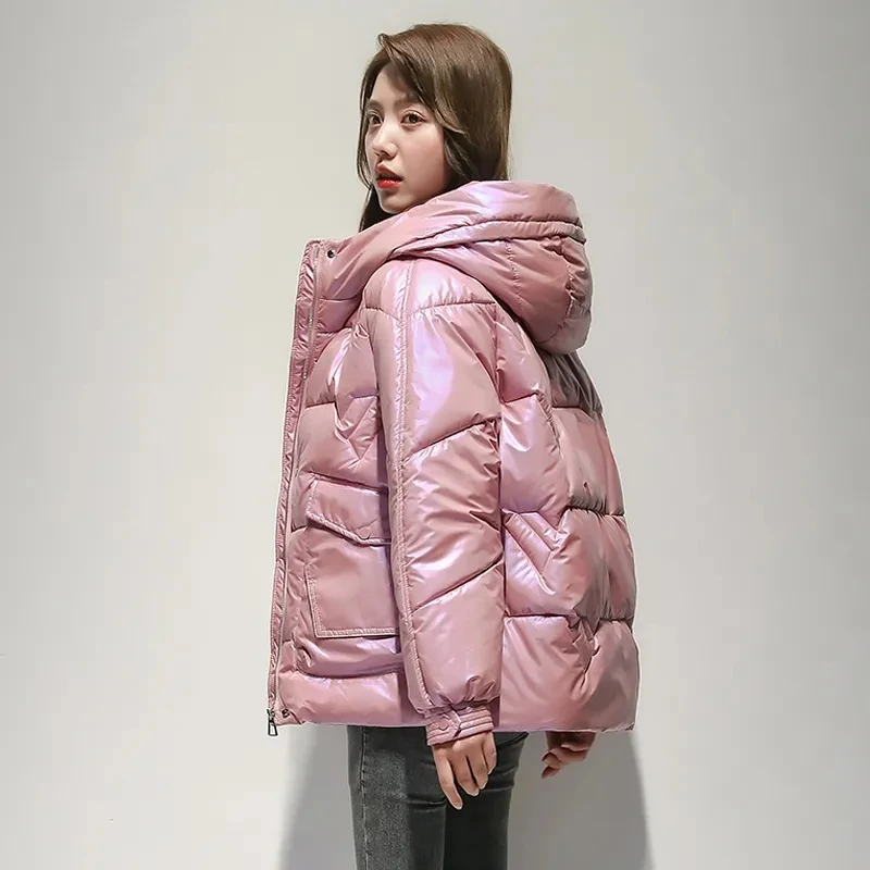 Fashion Glossy Down Cotton Coat Womens Winter Jacket Puffer Parkas Thicken Warm Cotton Coat Windproof Hooded Padded Outwear Coat