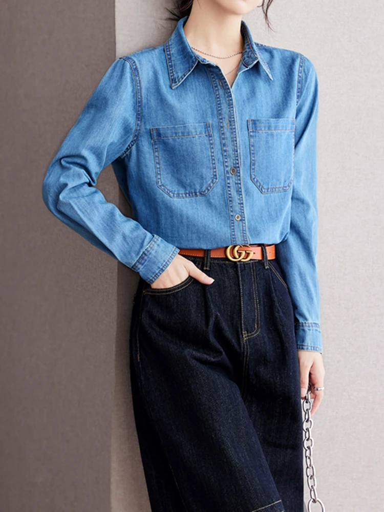 Vintage Washed Denim Shirt Women 2024 New Fashion Commuting Loose Long Sleeve Button Shirts Casual Versatile Blouses