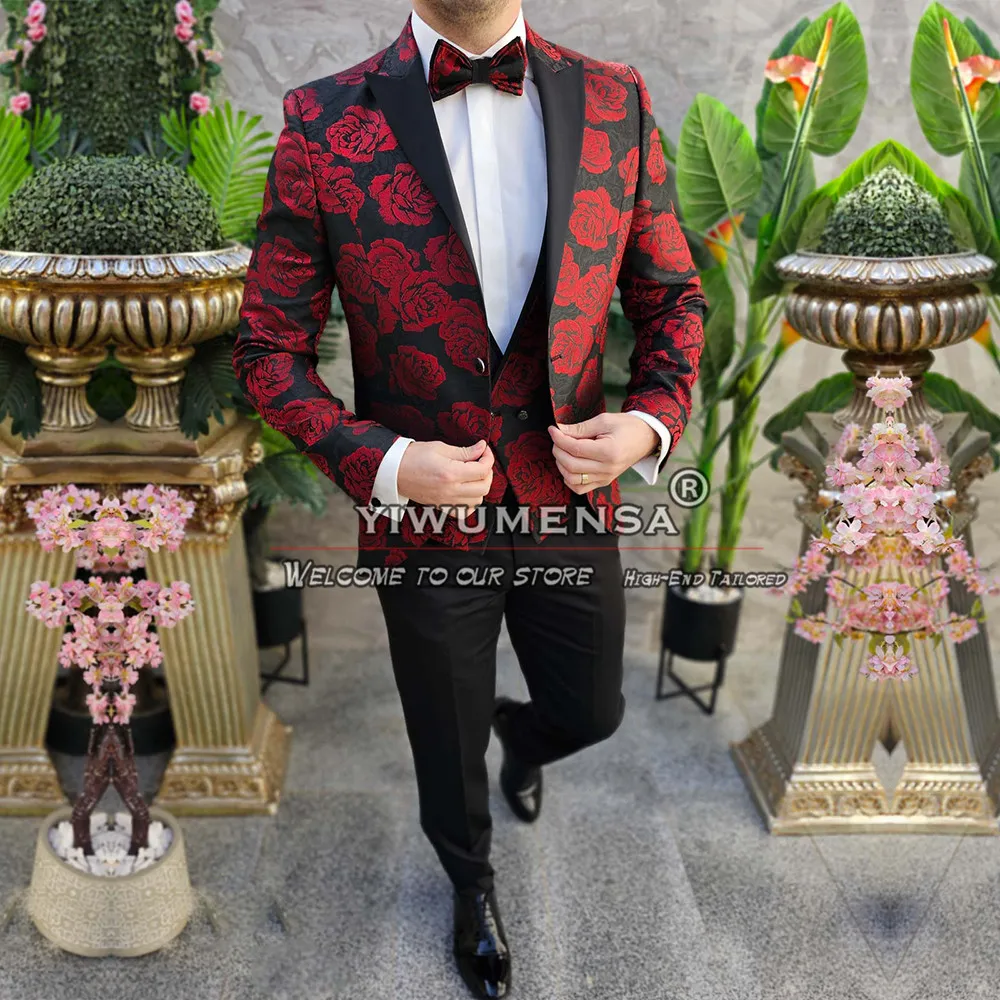 

Business Rose Printed Men Suits Slim Fit Single-Breasted Groom Wedding Tuxedo Tailor Made 3 Pieces Sets Traje De Hombre Elegante