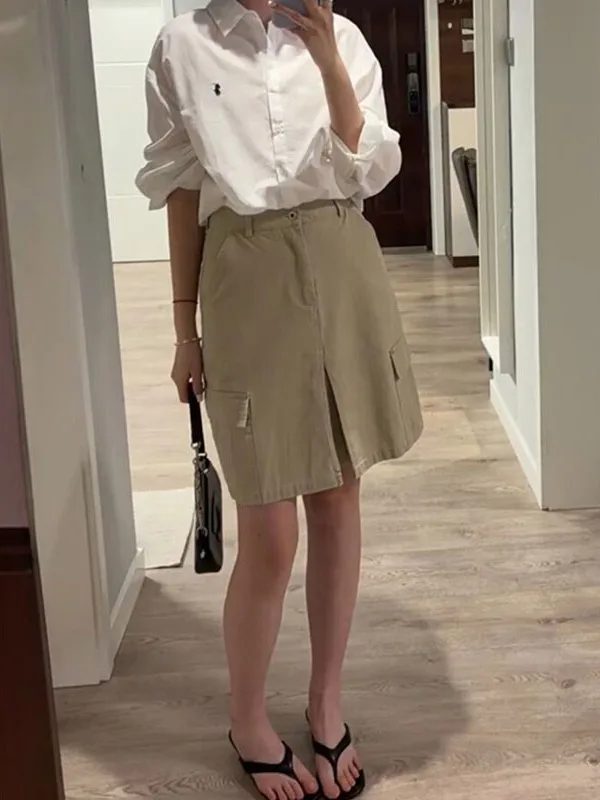 

American Style Spicy Girl Workwear Pocket Half Skirt High Waist Slimming Versatile Split Midi Skirt Early Spring Sweet Cool A...