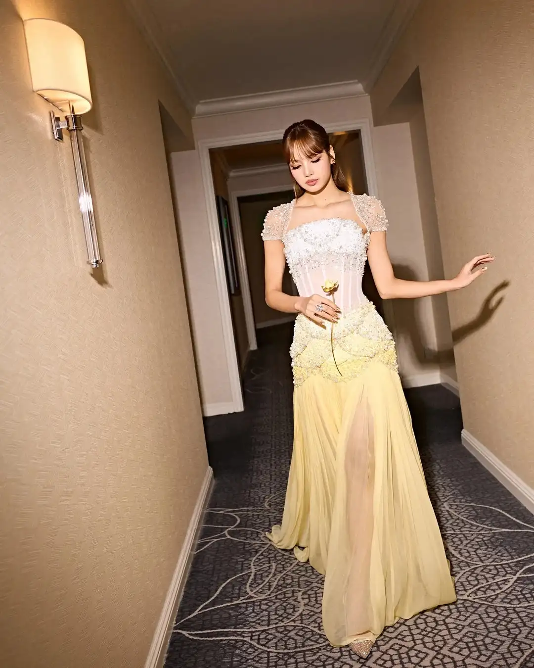 Customized Elegant Yellow  Women Beaded Square Neck Formal Evening Prom Gown Chiffon  Wedding Guest Dresses Floor Length Train - view 3