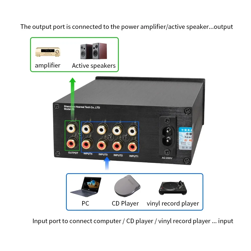 AC220V 4 w 1 wyjście bezstratny przełącznik sygnału audio aktywny rozdzielacz głośnikowy pilot Selektor Box dla wzmacniacza domowego