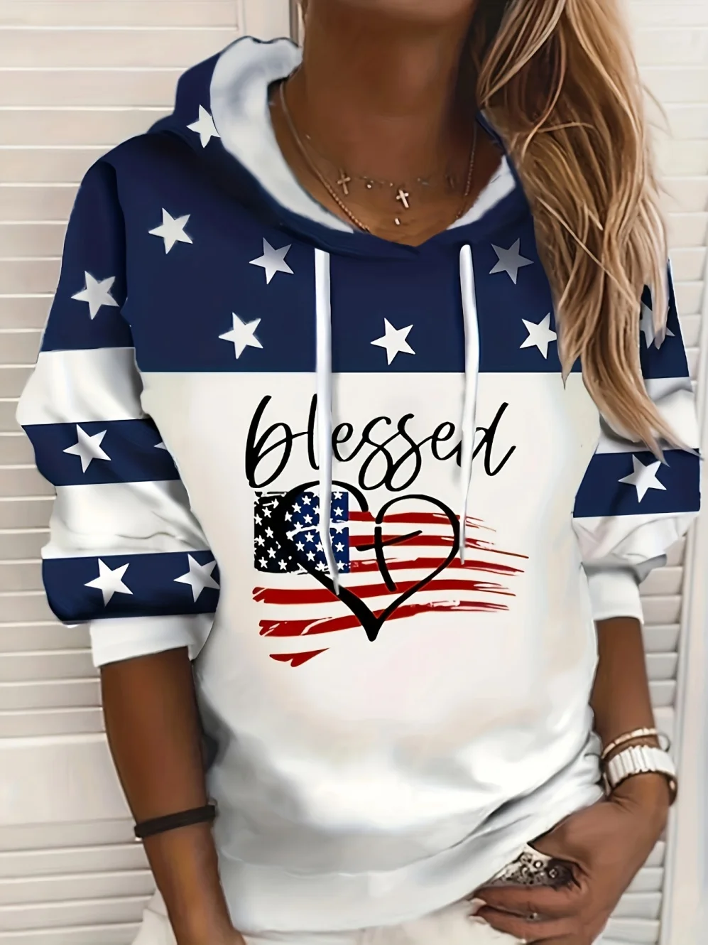 Fashion Anchor Print Drawstring Hoodies Casual Color Block Long Sleeve Sweatshirt Simple Stripes Pattern Pocket Design Hoodies