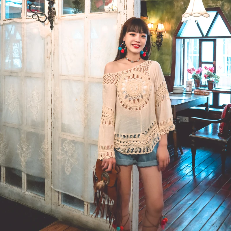 Top de Protección Solar Tejido a Mano, Cubierta de Bikini Calada, Prenda Exterior Versátil, Estilo V-Ne Svel