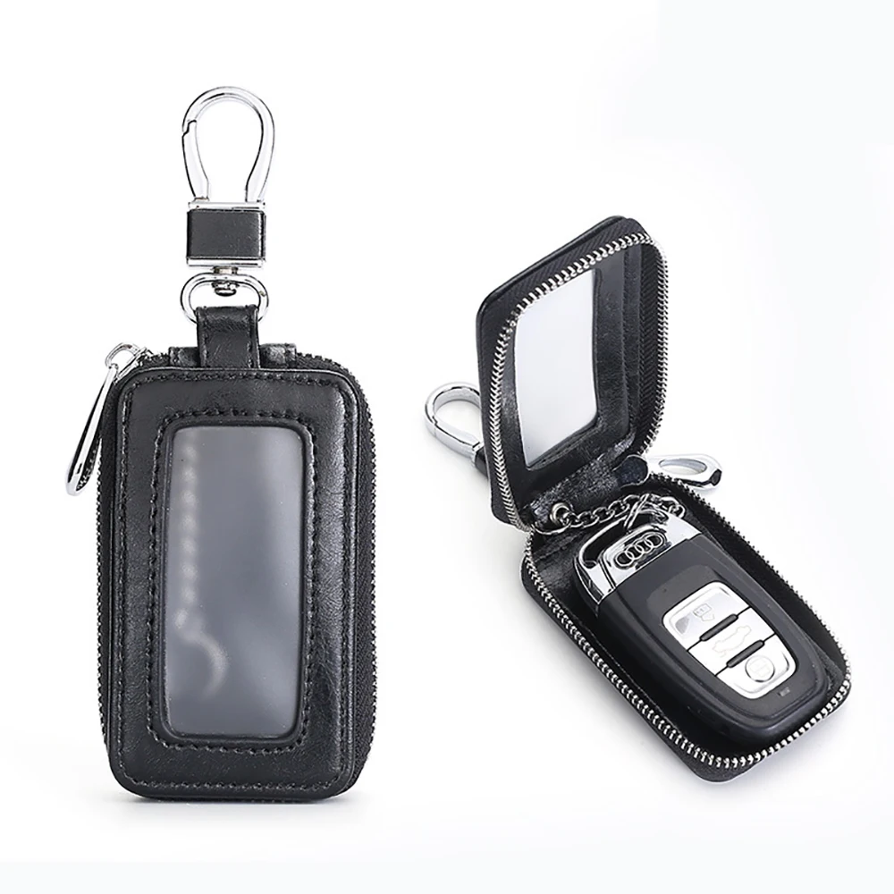 High-end New Visual Mirror Window Car Key Protector Bag Leather Holder Mini Auto Key Pocket Case Retro Keyring Wallet Zipper Bag