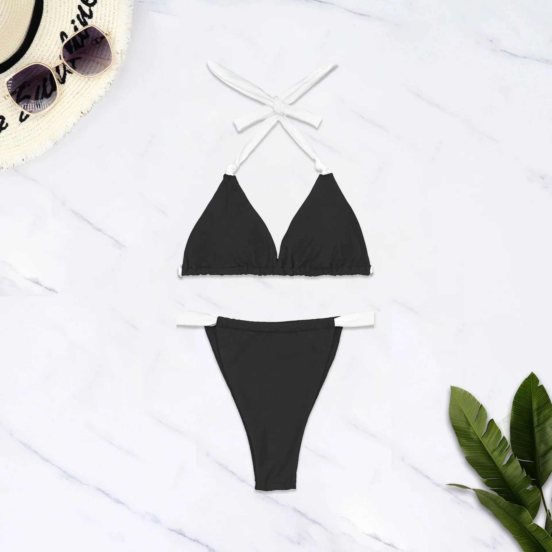 

New Sexy Black White Thong Bikinis Two Pieces Swimsuit Women Swimwear Beach Wear Sports Bathing Suits Brazilian Micro Bikini Set
