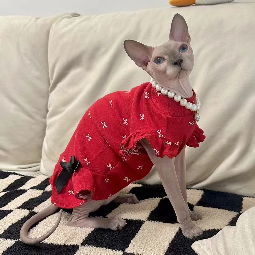 

Sweet Flying Sleeves Dress for Sphynx Cat Spring Red Cotton T-shirt with Bow for Kittens Short Sleeves Loungewear for Devon Rex