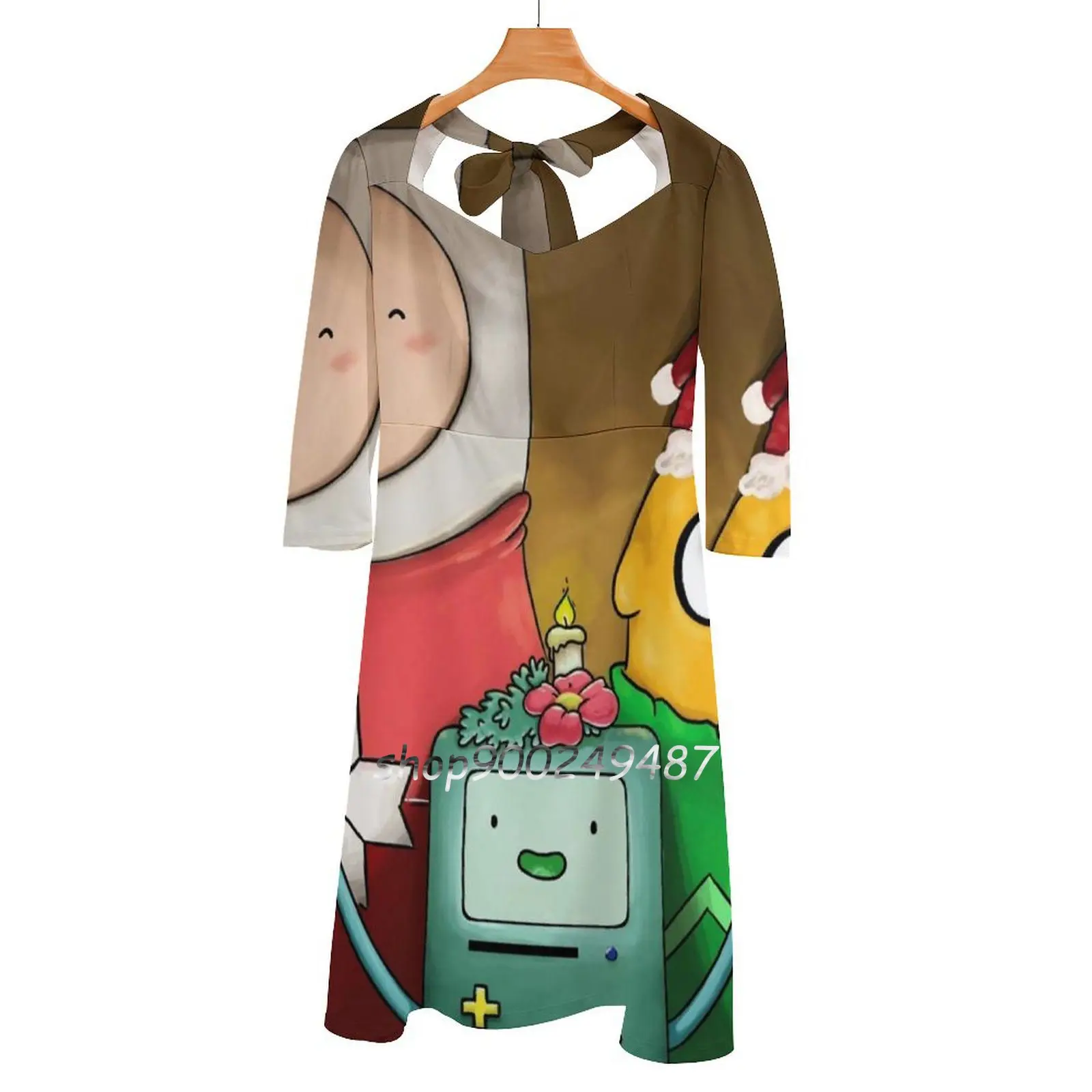 Vestido de campana con cuello cuadrado para mujer, a la moda prenda elegante, con estampado navideño, tiempo de aventura y aventuras