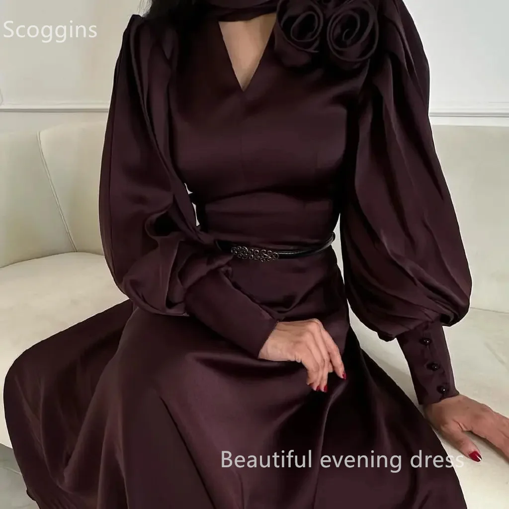 Scoggins فساتين سهرة  Long Sleeves Prom Dresses O-Neck Vestidos De Fiesta Ankle Length Flowers Evening Dresses