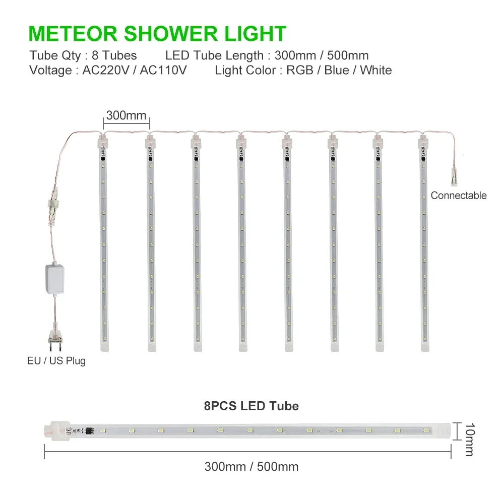 Meteor Shower Rain 8 Tubes LED String Lights 30CM / 50CM Waterproof For Outdoor Christmas Tree Holiday Decoration 220V/110V