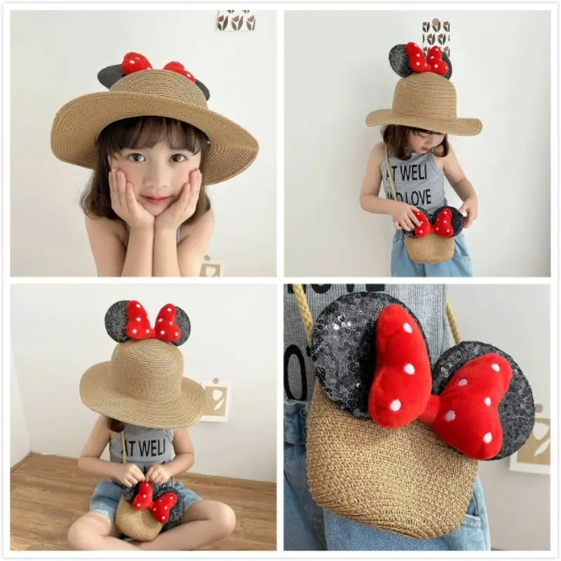 2 adet Disney Minnie Mouse Panama şapka bebek kız güzel kulak balıkçı şapka yay güneş kapaklar yaz kızlar çocuklar hasır kova plaj şapkaları