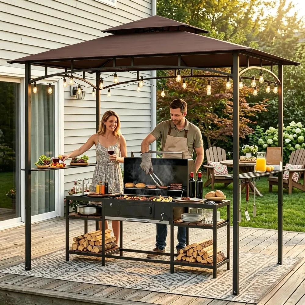 8x5 Grill Gazebo, BBQ Gazebo for Outdoor Grill, All Weather BBQ Canopy with 2 Shelves and Utensil Organizer, Steel, Customized