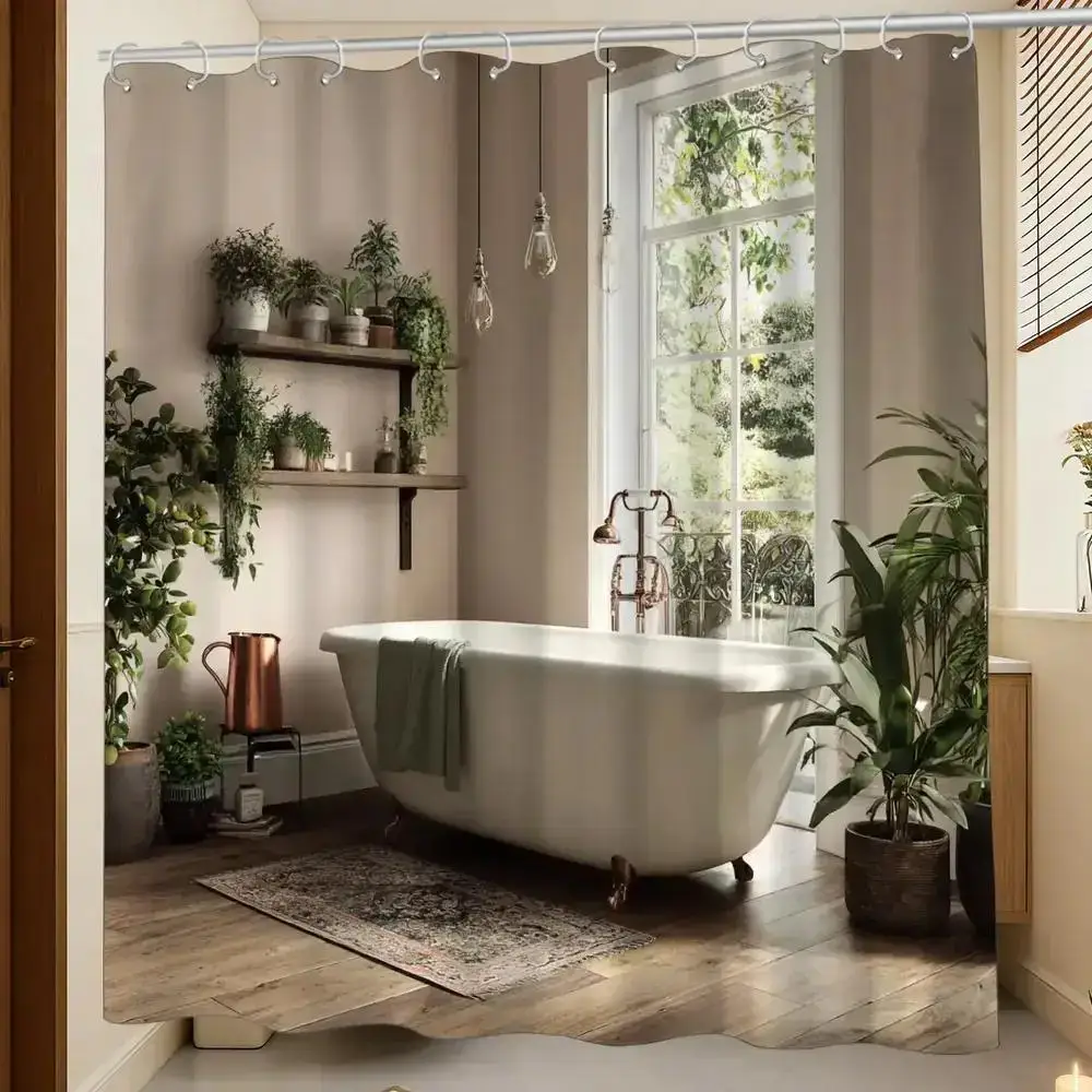Large Luxury Waterproof Shower Curtain Set for Modern Bathroom Spa Decor Neutral Beige Tones Curtain Liner Tub Area Houseware
