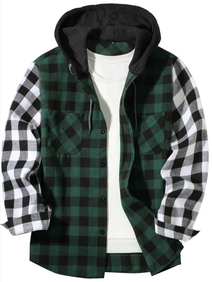 Spliced long-sleeved plaid hooded shirt for men Spring and autumn business casual all comfortable loose shirt