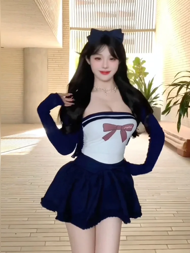 

Комплект XZY Pure Desire: женский весенний костюм в морском стиле с открытыми плечами, топ и пышная юбка, корейский стиль, высокая талия, А-образный силуэт...