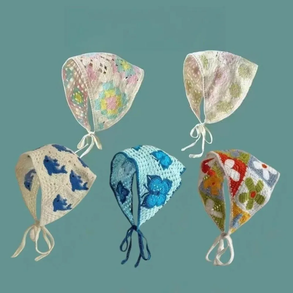 

Sweet French Style Turban Bandana Colorful Flowers Knitted Lace Triangle Towel Dolphin Butterfly Hair Scarf for Women Girls