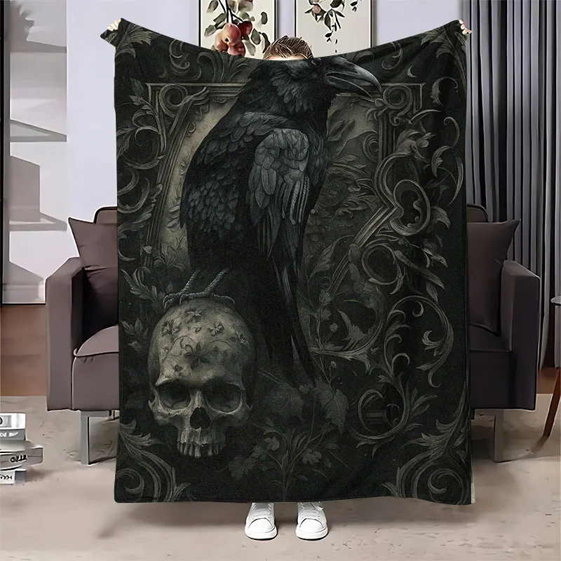 Gothic Raven Skull Vintage Scroll Flannel Blanket, Dark Baroque Floral Bird Print Soft Throw Sofa Bedroom Travel Home Goth Decor