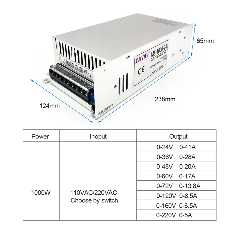 1000W Adjustable Switching Power Supply 0-24V 36V 48V 60V 72V voltage and current adjust AC TO DC Industrial SMPS MS-1000-24/36