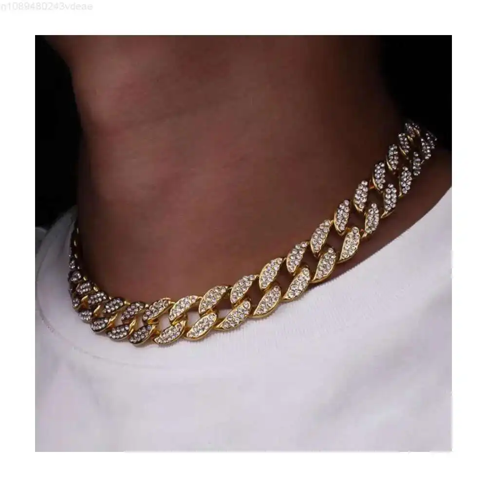 

FY Hip Hop Necklaces 13mm Exquisite Gold Plated Rhinestone Crystal Diamond Iced Out Golden Miami Cuban Link Chain Necklace Men