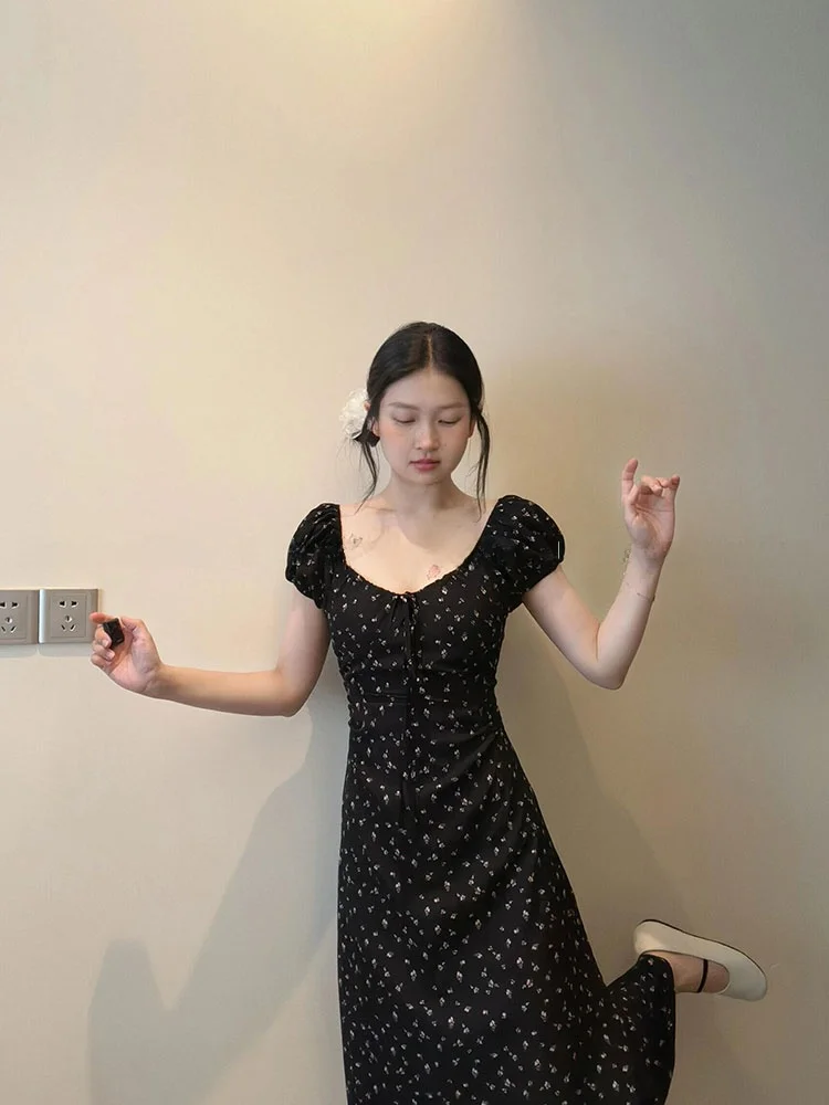 Vestido f sexy preto com estampa floral, linha a, verão, novo estilo, cintura, manga bolha, gola quadrada, cintura alta