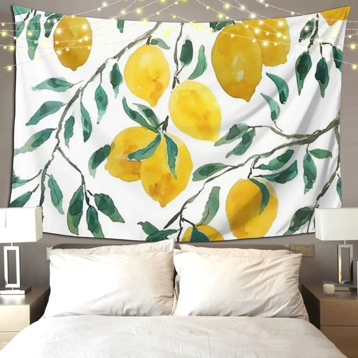 Hand Painted Watercolor Yellow Lemon Pattern Tapestry Funny Wall Hanging Aesthetic Home Tapestries for Room Bedroom Dorm Room