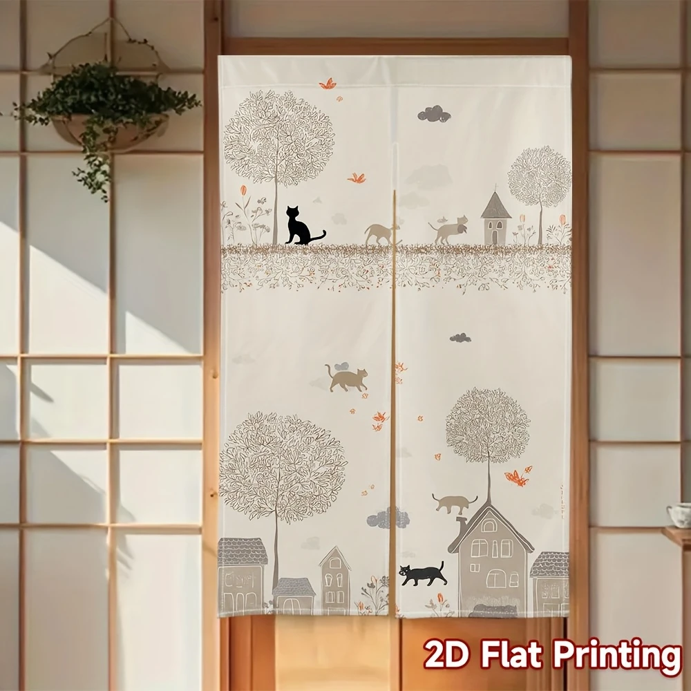 VIKAMA Cartoon Cat Town Tree Door Curtain, Cute Kitten Print Half Door Curtain, Kitchen Entryway Divider Decoration