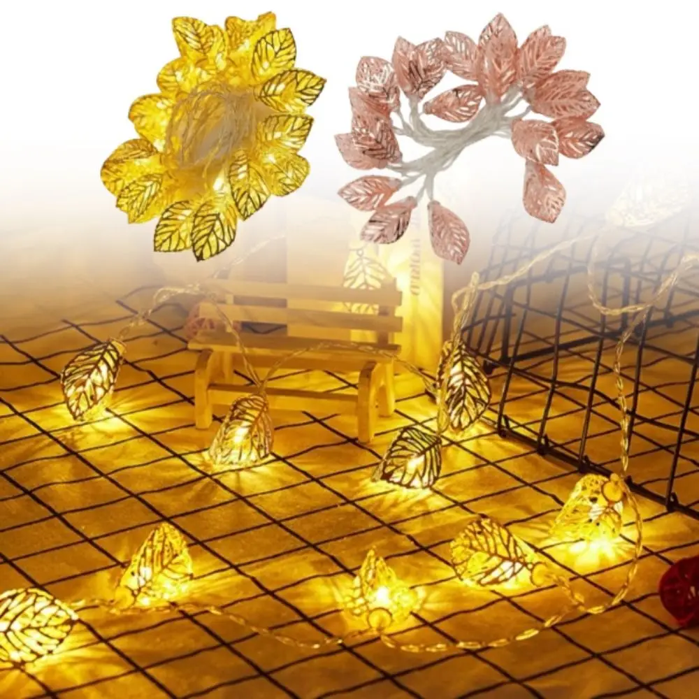 

Warm White LED Decorative Lamp Golden Metal Leaf Shaped Design Decorative Lights Hollow Design Battery Operated Atmosphere Light