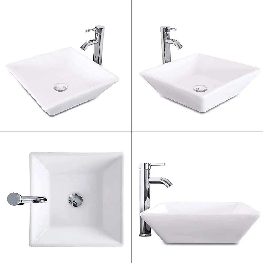 Fregadero cuadrado de porcelana blanca para baño, cuenco de encimera para tocador, lavabo rectangular, moderno, 16,5 pulgadas