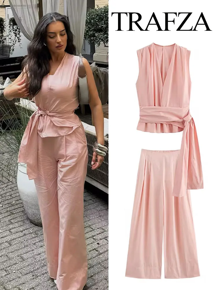 TRAFZA Women\'s Set Pink V Neck Sleeves Bow Decorate Zipper Asymmetrical Top+High Waist Zipper Wide Leg Pants Female Fashion Suit