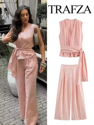 TRAFZA Women's Set Pink V Neck Sleeves Bow Decorate Zipper Asymmetrical Top+High Waist Zipper Wide Leg Pants Female Fashion Suit