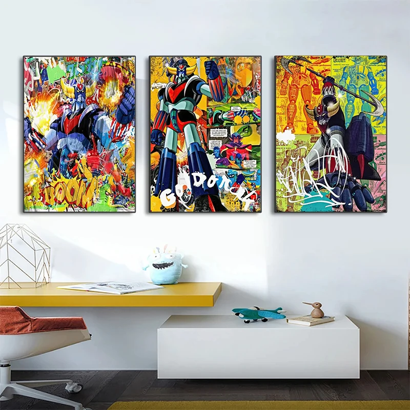 Abstract Graffiti Robot Cartoon Poster Grendizer Street Art Prints Colorful Goldorak Warrior Wall Art Canvas Painting Room Decor