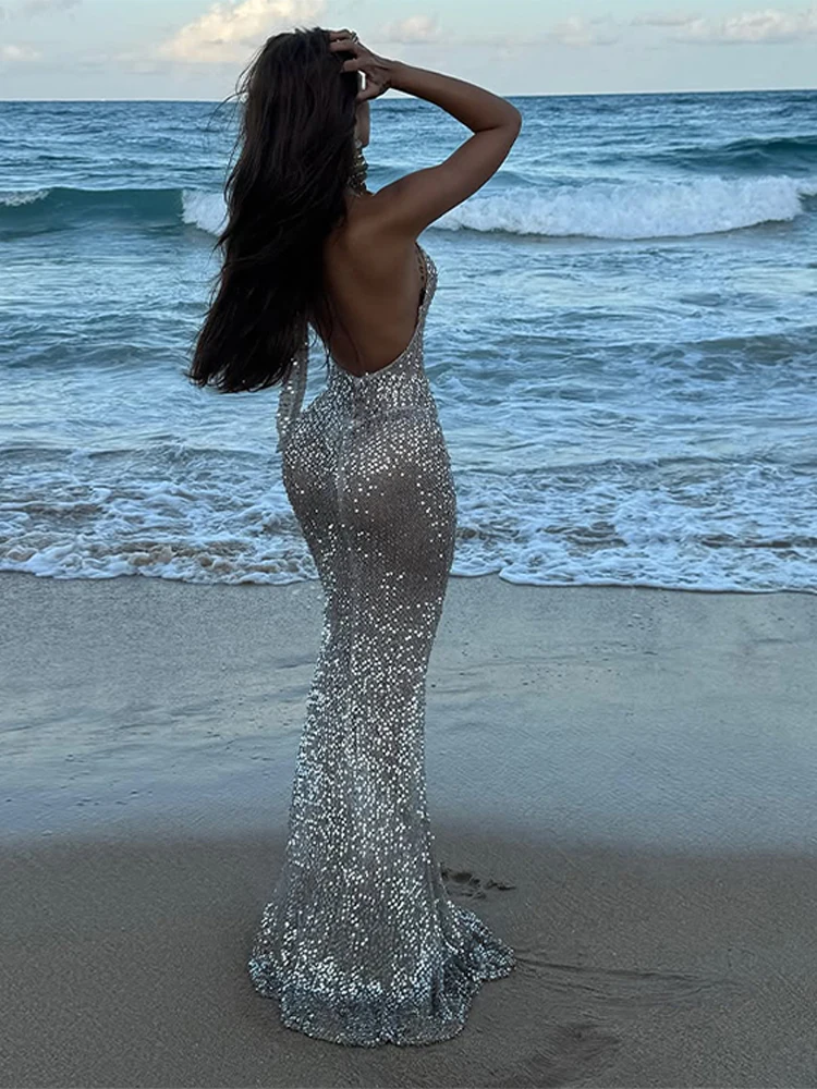 2025 Summer Autumn Paillette Halter Long Dress Women Sexy Sleeveless Backless See Through Female Dresses Beach Holiday Lady Robe view 4