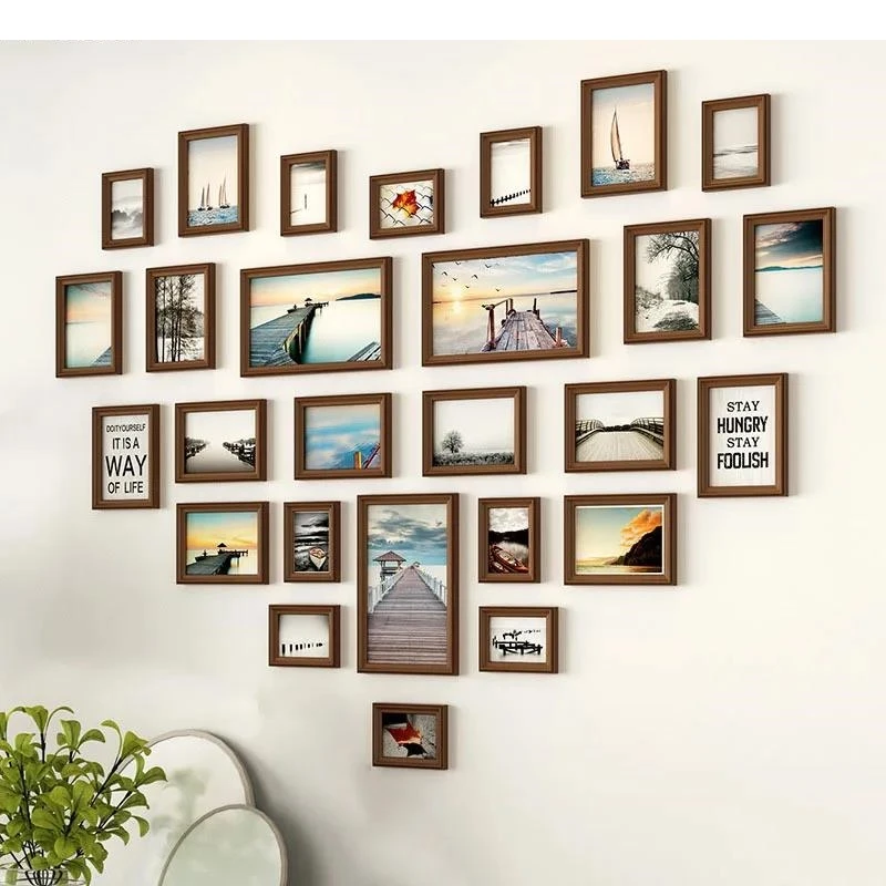Heart-shaped Framed Art Combination Modern Decor Wood Photo Frame Wall-mounted Picture Frames Living Room Decoration Ornaments