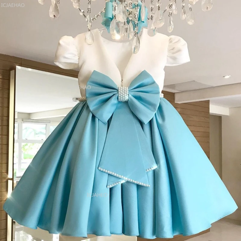 Kids Pageant Dress Two Tone Color Bow Puff Sleeve Princess Gown Clothes Hosting Piano Recital Birthday Party Children Costume