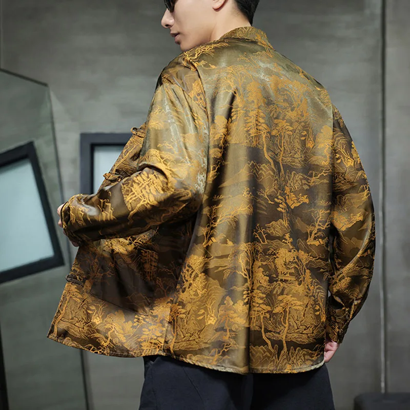 Traditional Tang Suit Loose Outerwear Jacket Men New Chinese Style Jacquard Shirt Mandarin Collar Frog Button Long Sleeve Top