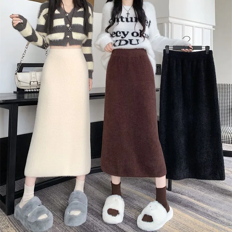 

Korean Imitation Mink Plush Knitted Skirts Women Autumn Winter Thick Soft Split Pencil Skirts Elegant High Waist Bodycon Skirt