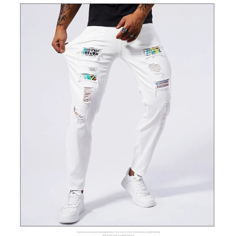 

Broken copper patch white jeans for men's tight and elastic summer 2024 new men's fashion street slim fit small leg long pants