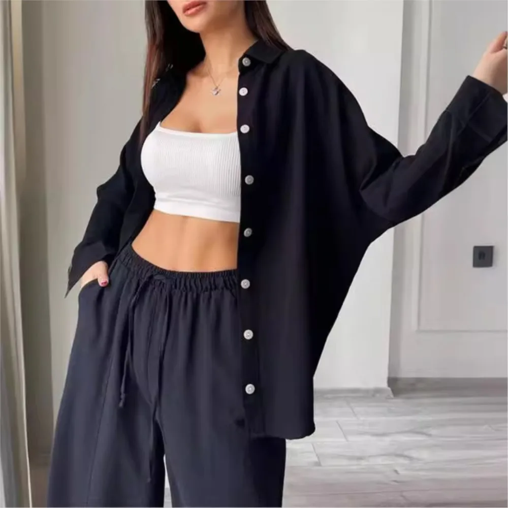 

Свободный кардиган, блузка, брюки, наряд 2024, осенние повседневные комплекты, однотонная рубашка с длинными рукавами и лацканами, топ, брюки-шаровары, комплект из двух предметов