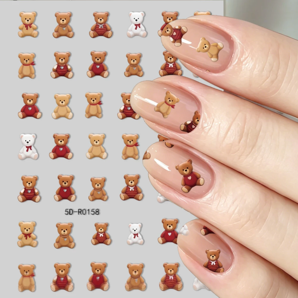 1 sheet 5D Cute Bear Nail Art Stickers Teddy Bear Design Self Adhesive Nail Decals for Women And Spring Summer Manicure Decor