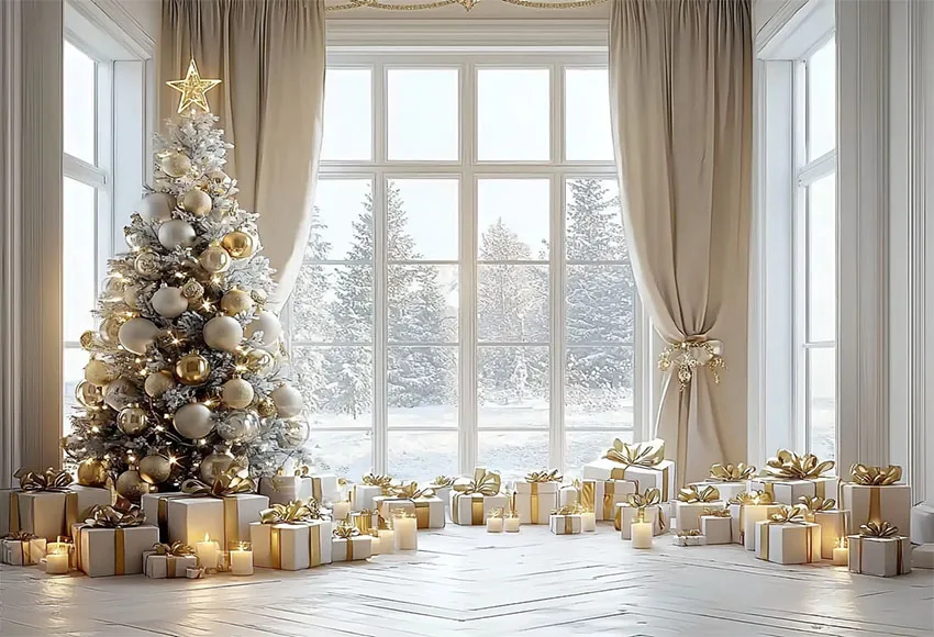 Mehofondหน้าต่างคริสต์มาสการถ่ายภาพพื้นหลังสีขาวผนังผ้าม่านของขวัญเด็กภาพครอบครัวตกแต่งฉากหลังPhoto Studio