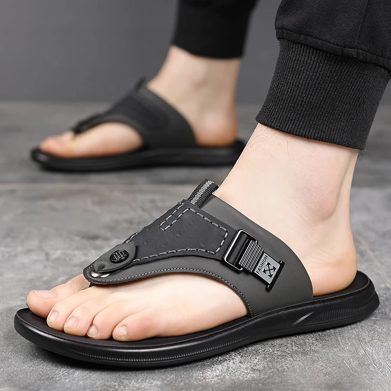 Men's Adjustable Buckle Thong Flip Flops, Contrast Stitch Split Toe Slide Sandals, Lightweight Cushioned Flat Sole Beach Footwea