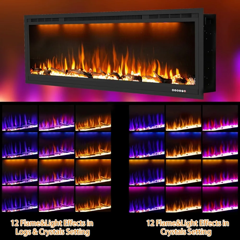 Electric Fireplace 74 inch, Recessed Wall Mounted Fireplace Heater, Logs & Crystal, Multicolor Flame Combinations