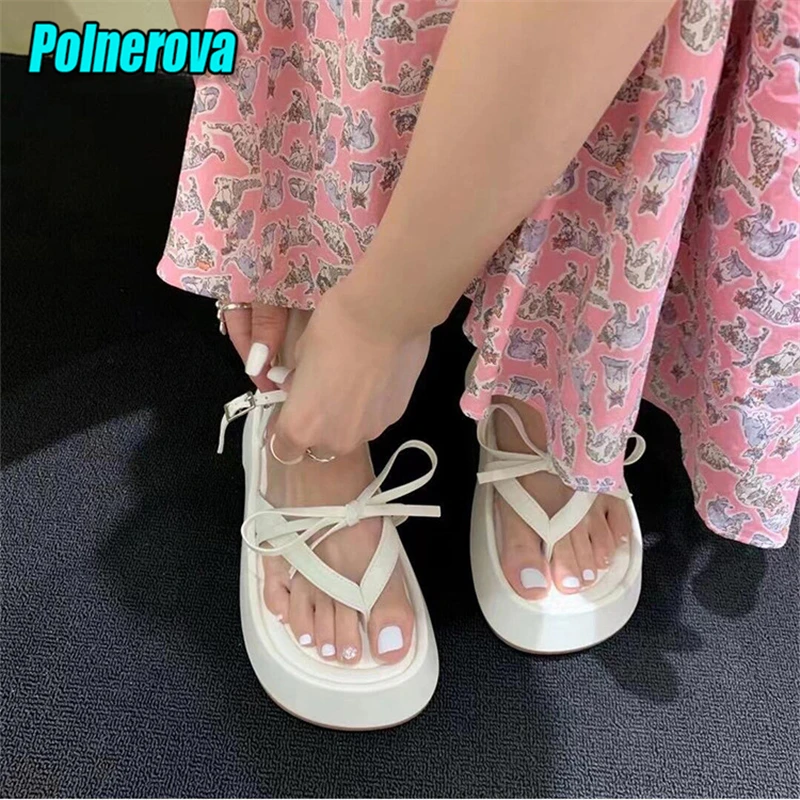 White Yellow Thick Soled Height Increase Women's Sandals Bow Tie Strap Clip Toe Slippers Summer Versatile Beach Casual Shoes