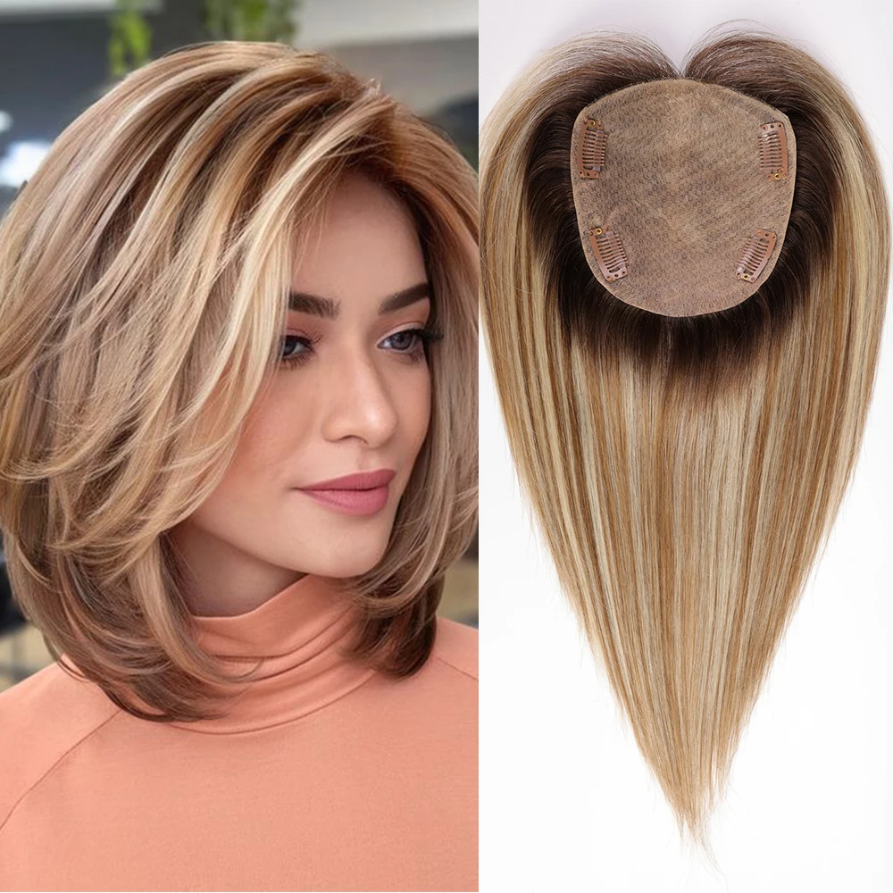 100% Remy Human Hair Tooers Silk Bae Clips in Golden Brown Blonde Mixed Human Hairpieces for Women 12 Inch Extensions Toppers