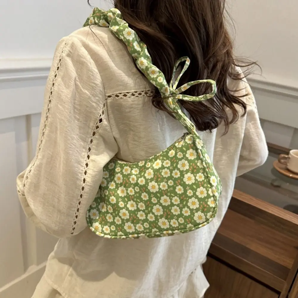 Casual Flower Pattern Printing Shoulder Bag Large Capacity Bow Sweet Canvas Bag Wrinkle Underarm Bag Lovely Tote Bag Travel