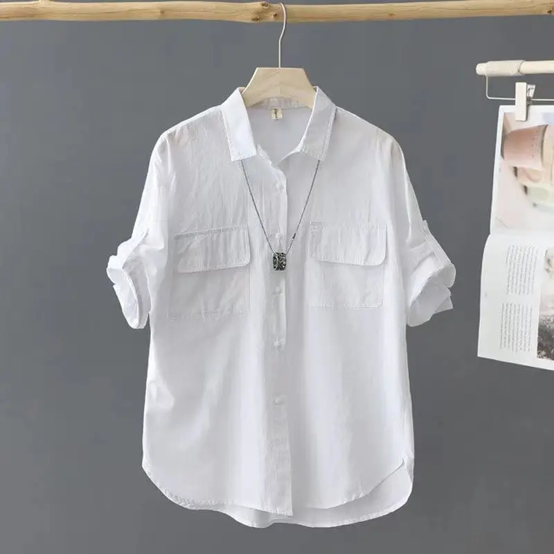 100% Pure Cotton Short Sleeved Solid Color Shirt for Women\'s 2024 Summer New Outerwear Shirt Design Loose and Thin Top