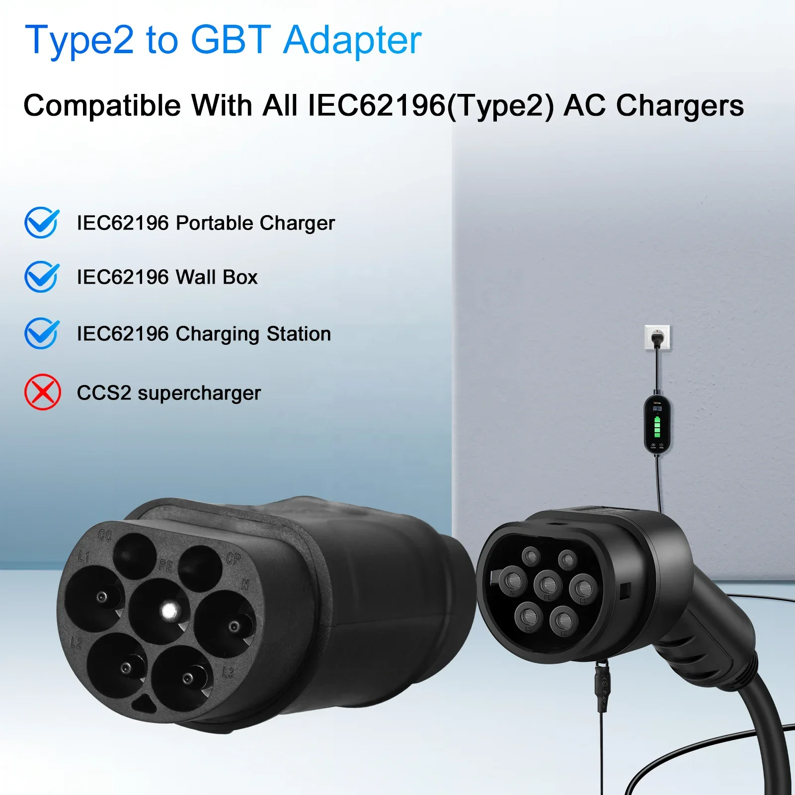 EV Charger Adapter Type2 to GBT 22 KW Three-Phase Compatible with 2 Electric Car Tools with Chinese Charging Slot GB/T