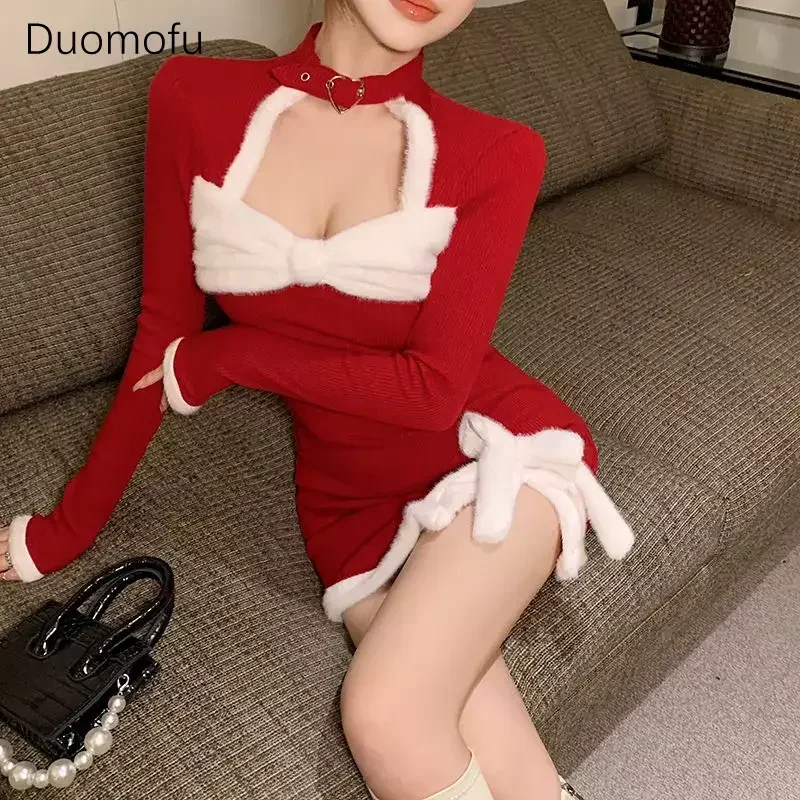 Duomofu Christmas Dresses Winter Women Clothing Traf Sexy Slim Red Three-dimensional Bow Elegant and Pretty Female Party Dress